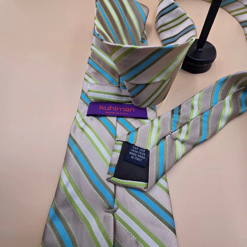 Kuhlman Mens Silk Tie Handmade in Italy Tan Blue Green White Striped Necktie